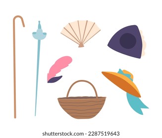 Set Of 18th Century Accessories Icons Such As Walking Cane, Rapier, Fan And Feather, Wicker Basket, Male And Female Hats