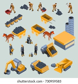 Set of 18-th century and modern mine workers with work tools, horse drawn cart with coal, mining equipment, quarry industrial machines and factory isometric projection isolated vector illustration