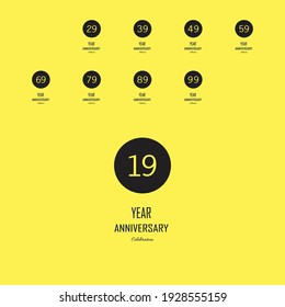 Set 19 Anniversary celebration on yellow background. Vector festive illustration. Birthday or wedding party event decoration