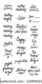 Set of 19 black ink christmas and happy new year celebration holidays hand lettering quotes to greeting card, banner, poster, calligraphy lettering vector illustration collection
