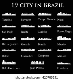 Set of 19 city silhouette in Brazil ( Rio de Janeiro, Salvador, Sao Paulo, Belem, Teresina, Natal, Campo Grande, Recife, Curitiba, Maceio, Goiania, Fortaleza, Manaus, Belo Horizonte, Campinas, )