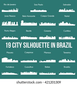 Set of 19 city silhouette in Brazil ( Rio de Janeiro, Salvador, Sao Paulo, Belem, Teresina, Natal, Campo Grande, Recife, Curitiba, Maceio, Goiania, Fortaleza, Manaus, Belo Horizonte, Campinas, )