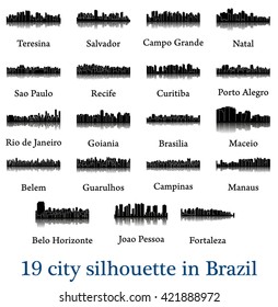 Set of 19 city silhouette in Brazil ( Rio de Janeiro, Salvador, Sao Paulo, Belem, Teresina, Natal, Campo Grande, Recife, Curitiba, Maceio, Goiania, Fortaleza, Manaus, Belo Horizonte, Campinas, )