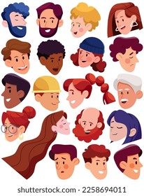 Set of 19 flat design heads isolated on white background.
