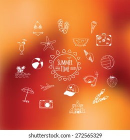 Set of 19 vector hand drawn summer icons on blurred background