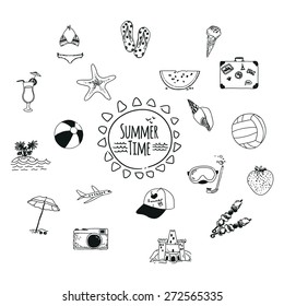 Set of 19 vector hand drawn summer icons isolated on white background 