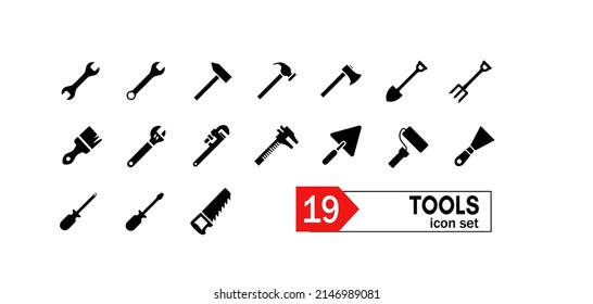 
Set of 19 vector icons of hand tools hammer, screwdriver, wrench, trowel, saw, caliper, roller