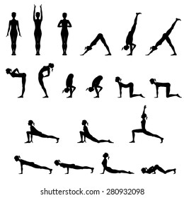 Set Of 19 Yoga Positions Black Vector Silhouettes Illustration