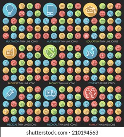 Set of 190 Universal Flat Minimalistic Thin Line Icons on Circular Colored Buttons (Multimedia, Education, Busines, Ecology, Fitness, Medical and Family Icons) on Black Background.