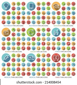 Set of 190 Universal Flat Minimalistic Thin Line Icons on Circular Colored Buttons (Multimedia, Education, Business, Ecology, Fitness, Medical and Family Icons) on White Background.