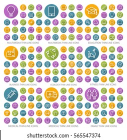 Set of 190 Universal Flat Minimalistic Thin Line Icons on Circular Colored Buttons (Multimedia, Education, Business, Ecology, Fitness, Medical and Family Icons) on White Background.