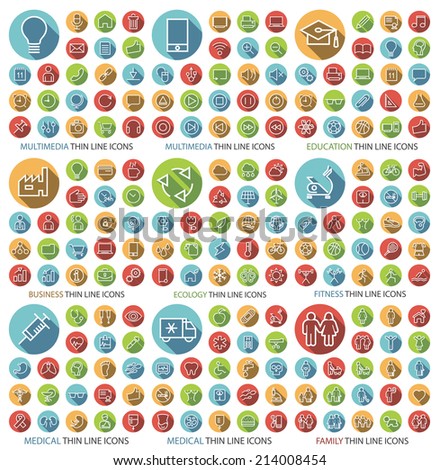 Set of 190 Universal Flat Minimalistic Thin Line Icons on Circular Colored Buttons (Multimedia, Education, Business, Ecology, Fitness, Medical and Family Icons) on White Background.