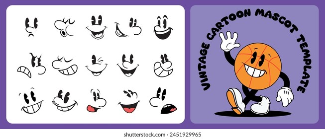 Set of 1930s vintage cartoon mascot face, different expression, vector illustration, rubberhose style