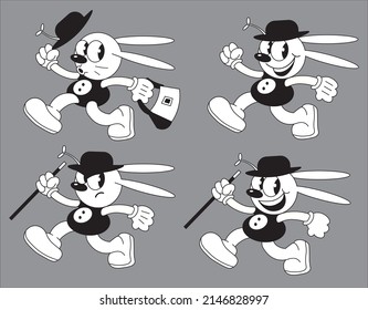 set of 1930's vintage cartoon style flat character of a cheerful rabbit with a hat and a walking stick, vector illustration