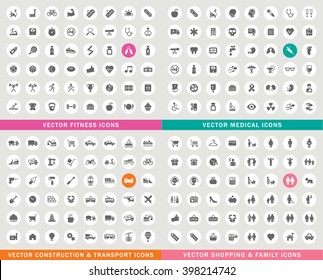 Set of 196 Universal Icons ( Fitness , Medical , Family , Shopping , Construction and Transport ) . Isolated Elements.