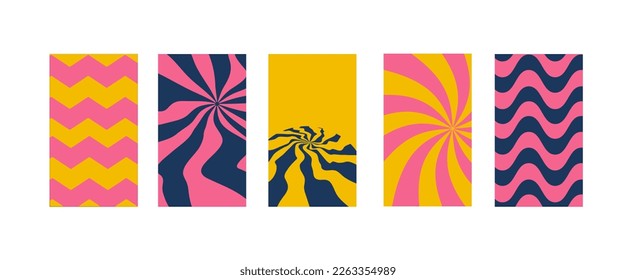 set of 1960s vector illustration with groovy lines. Vintage geometric style. Retro background for poster, giftcard, t-shirt, stationery