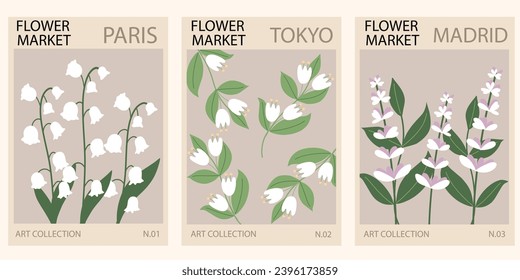 Set 1970 daisy flowers market poster. Abstract floral illustration. Poster for postcards, wall art, banner, background, for printing. Modern naive groovy funky interior decorations. Vector
