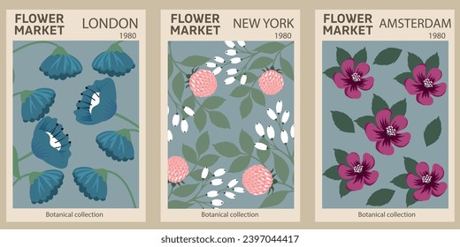 Set 1970 daisy flowers market posters. Abstract floral illustration. Poster for postcards, wall art, banner, background, for printing. Vector art illustration.