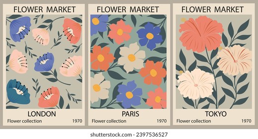 Set 1970 daisy flowers market posters. Abstract floral illustration. Poster for postcards, wall art, banner, background, for printing. Vector art illustration.