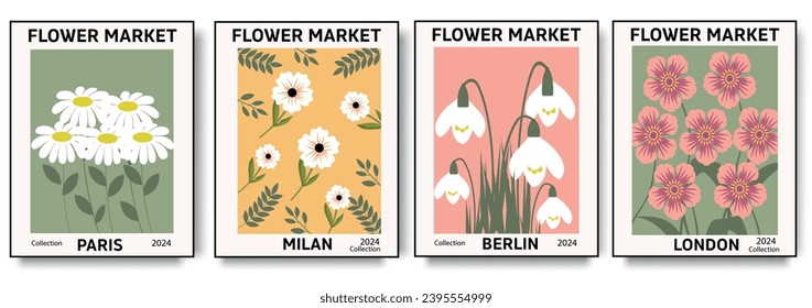 Set 1970 flowers market poster. Trendy botanical wall arts with floral design in bright colors. Modern naive groovy funky interior decorations, paintings. Vector art illustration.