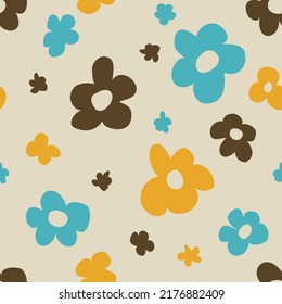 Set of 1970 good vibes seamless vector pattern background. Warm retro abstract wallpaper, 70s rainbow, daisy flower stripes. Fun old school vintage hippie vibe trippy pattern, floral good vibes art
