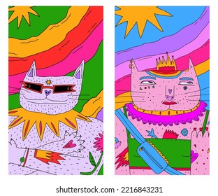 set of 1970 psychedelic poster, hippie poster.Cool placard with cat biker,rave, rainbow,party.Funky 70s good vibes,trippy art.Modern naive concept.00s template aesthetics.2000s trippy background