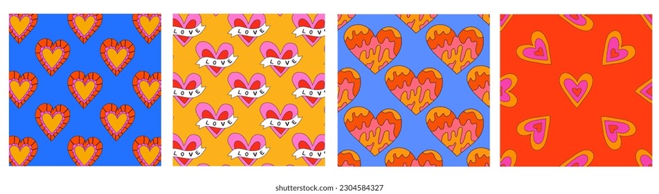 set of 1970 psychedelic seamless patterns. 1970s good vibes hearts ornaments collection. 1960 retro Valentine. Hippie peace and love. Funky and groove card. Trippy art.Hippie wallpaper background