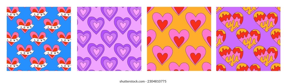 set of 1970 psychedelic seamless patterns. 1970s good vibes hearts ornaments collection. 1960 retro Valentine. Hippie peace and love. Funky and groove card. Trippy art.Hippie wallpaper background