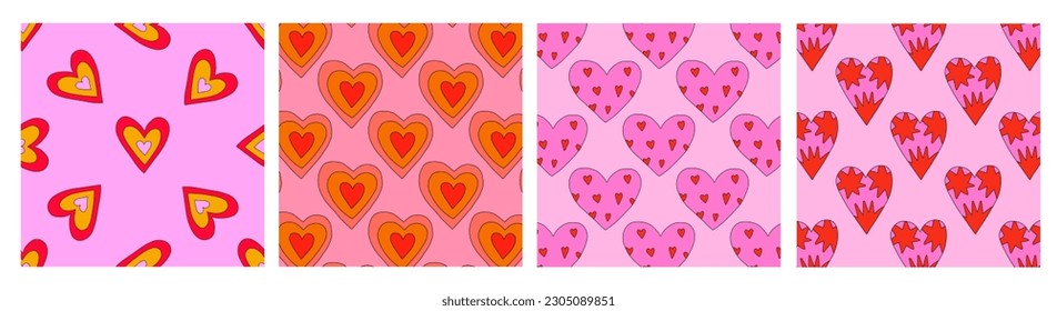 set of 1970 psychedelic seamless patterns. 1970s good vibes hearts ornaments collection. 1960 retro Valentine. Hippie peace and love. Funky and groove card. Trippy art.Hippie wallpaper background