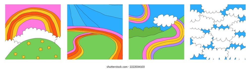 conjunto de plantillas cuadradas psicodélicas de medios sociales de 1970. Afiches paisajísticos de Groove. Marco de capas editable para foto y texto. Naturaleza hippie - nubes, arco iris, montañas. fondo y2k. Estética de los años 90