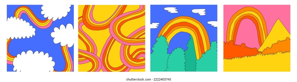 set of 1970 psychedelic square social media templates. Groove landscape posters. Editable layered frame for photo and text. Hippie nature - clouds, rainbow, mountains. y2k background. 90s aesthetic
