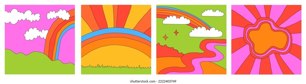 set of 1970 psychedelic square social media templates. Groove landscape posters. Editable layered frame for photo and text. Hippie nature - clouds, rainbow, mountains. y2k background. 90s aesthetic