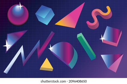 set of 1980 retrowave cyberpunk geometric shapes for abstract vintage background