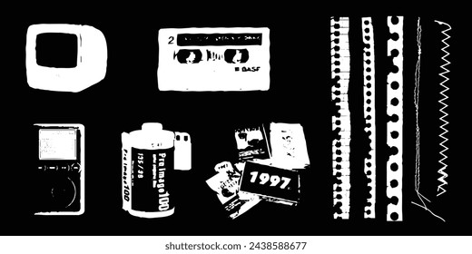 Set of 1997 and Y2K object vectors in photocopy silhouette or silk screen style in various shapes such as old gadgets and film rolls for graphic design collage and tattoo.