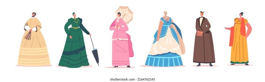 Set of 19th Century European Ladies Wear Elegant Gowns, Hats and Accessories. Isolated Beautiful Female Character Antique Fashion, Victorian English or French Women. Cartoon People Vector Illustration