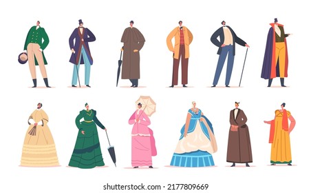 Set of 19th Century European Ladies and Gentlemen Wear Elegant Gowns, Hats, Costumes and Accessories. Victorian English or French Characters Antique Fashion. Cartoon People Vector Illustration