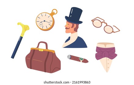 Set of 19th Century Gentleman Items Cigar, Valise Bag, Pocket Watch and Glasses. Walking Cane, Top Hat, Neck Tie and Victorian Man Portrait. French or English Fashion. Cartoon Vector Illustration