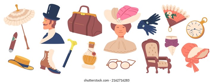 Set of 19th Century Items Umbrella, Cigar, Valise Bag, Pocket Watch and Glasses. Walking Cane, Hat, Boots and Gloves. Lady or Gentleman Clothes, Armchair of Classic Design. Cartoon Vector Illustration svg