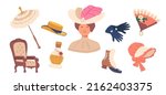 Set of 19th Century Ladies Items Umbrella, Hat, Boots and Gloves. Female Clothes, Classic Design Armchair, Perfume Flask and Fan,  Vintage Accessories. Cartoon Vector Illustration, Icons
