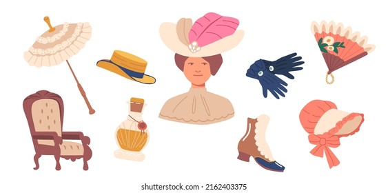 Set of 19th Century Ladies Items Umbrella, Hat, Boots and Gloves. Female Clothes, Classic Design Armchair, Perfume Flask and Fan,  Vintage Accessories. Cartoon Vector Illustration, Icons