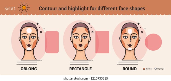 Set #1.Contouring and highlight makeup guide. Vector set of different types of woman face. Various makeup for woman face. Vector illustration.