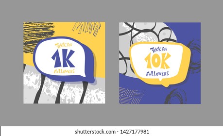 Set of 1k and 10k folowers social media post. 10000 and 1000 subscribers post. Vector illustration.