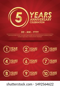 set of 1st-10th anniversary celebration emblem. elegance golden anniversary logo with ring on red background. template design for web,poster, booklet, leaflet, flyer, greeting and invitation card
