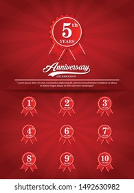 set of 1st-10th anniversary celebration emblem. red starburst ribbon anniversary logo isolated on red background. template design for web, poster, booklet, leaflet, flyer, greeting and invitation card