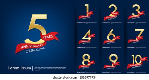 set of 1st-10th anniversary celebration emblem. anniversary elegance golden logo with red ribbon on blue background, template design for web, poster, leaflet, flyer, greeting card and invitation card