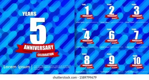 set of 1st-10th anniversary celebration emblem. anniversary elegance logo with red ribbon on blue liquid background, vector illustration template design for celebration greeting & invitation card