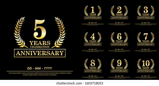 set of 1st-10th anniversary celebration emblem. anniversary elegance golden awards logo isolated on black background, vector illustration template design for web, greeting card & invitation card