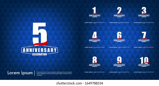 set of 1st-10th anniversary celebration emblem. white anniversary logo with red ribbon on blue background. vector illustration template design for web, flyers, poster, greeting & invitation card