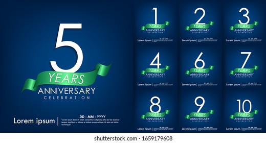 Set of 1st-10th anniversary celebration emblem. anniversary elegance white logo with green ribbon on blue background, vector illustration template design for web, flyers, greeting and invitation card
