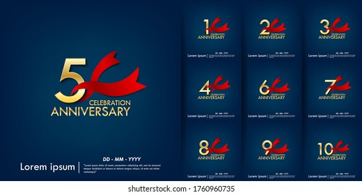 set of 1st-10th anniversary celebration emblem. anniversary elegance golden logo with red ribbon on blue background, template design for web, poster, leaflet, flyer, greeting card and invitation card